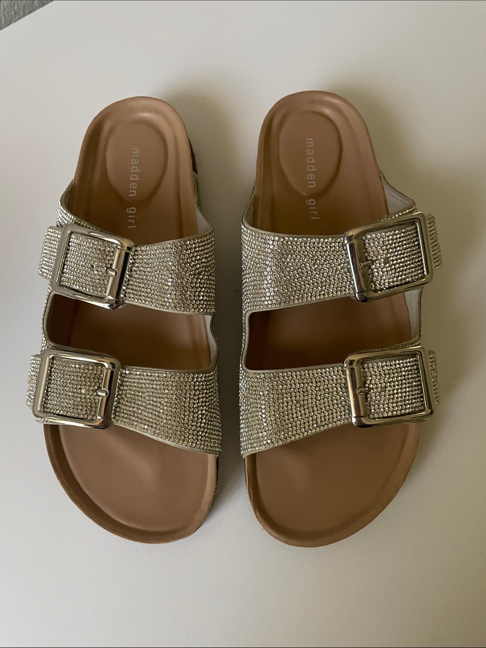 Madden Girl Gold Rhinestone Double-Buckle Slide Sandals